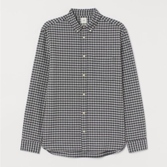 H&M Men’s Grey Checkered Oxford Cotton  Button Down Collared Shirt - Picture 1 of 13